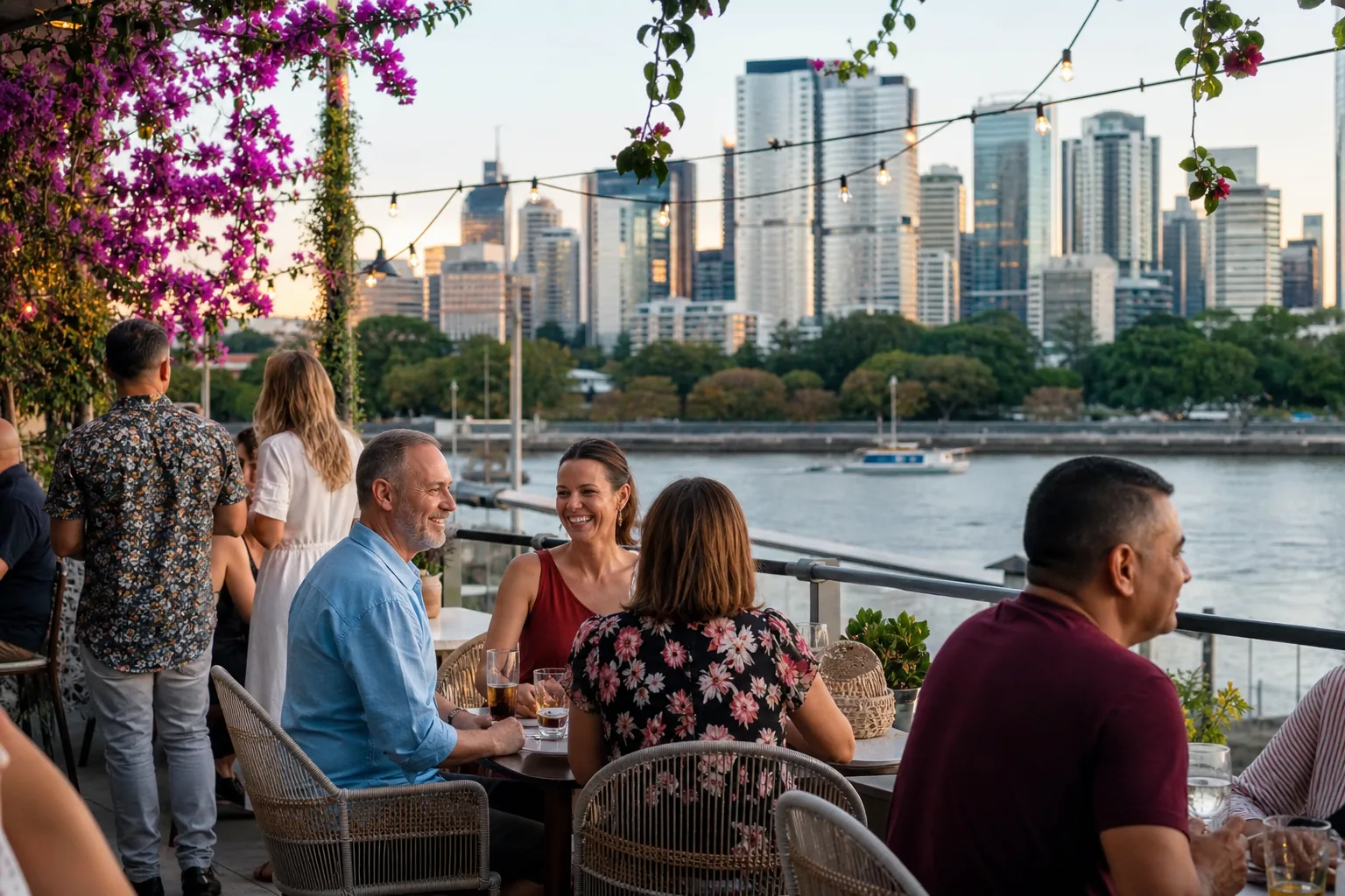 Two people over 40 talking beside the Brisbane River at sunset
