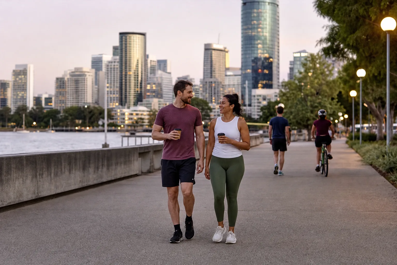 Two people meeting at a riverside café in Brisbane