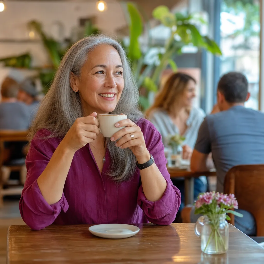 Mature Brisbane singles sharing coffee at an outdoor cafe