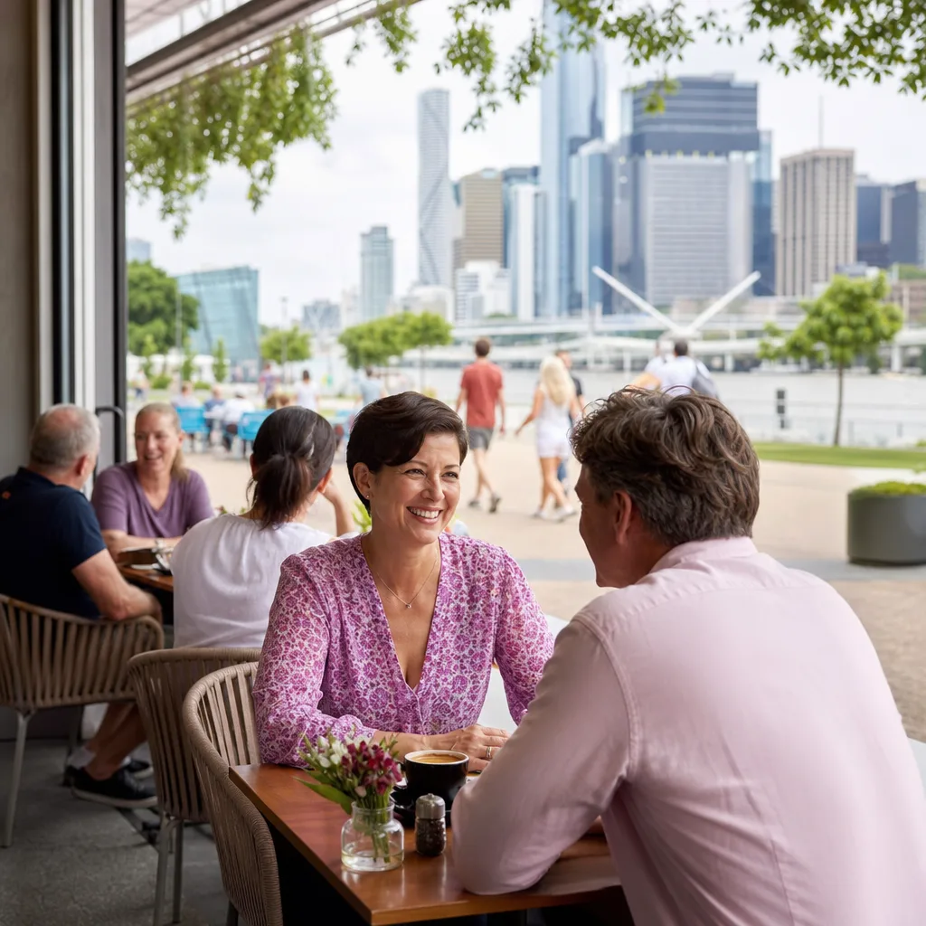Mature couple having coffee at an outdoor cafe in New Farm