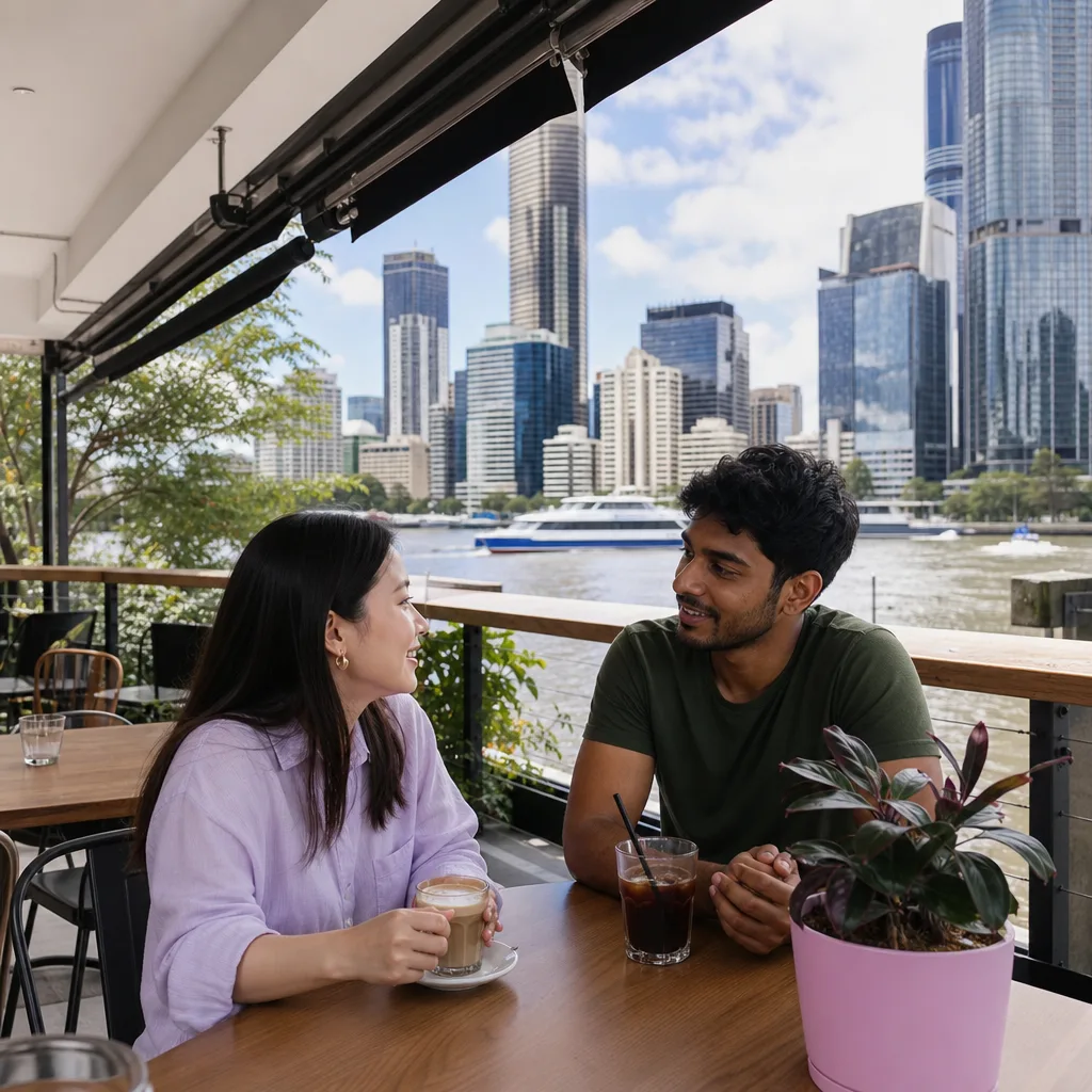 Busy public café near the Brisbane River prepared for a daytime meeting