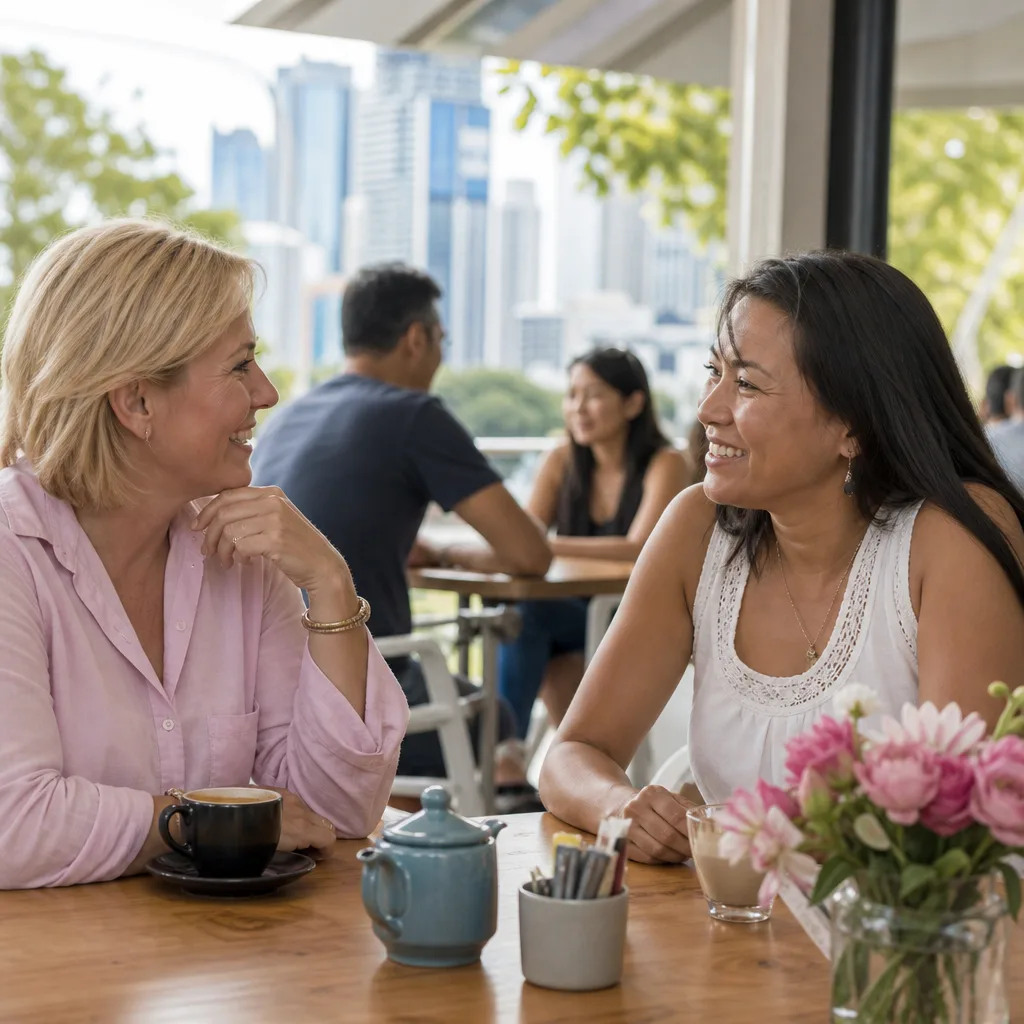 Two Brisbane singles over 40 walking through New Farm Park