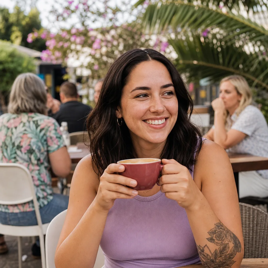 Brisbane man writing an authentic dating bio at a neighbourhood cafe
