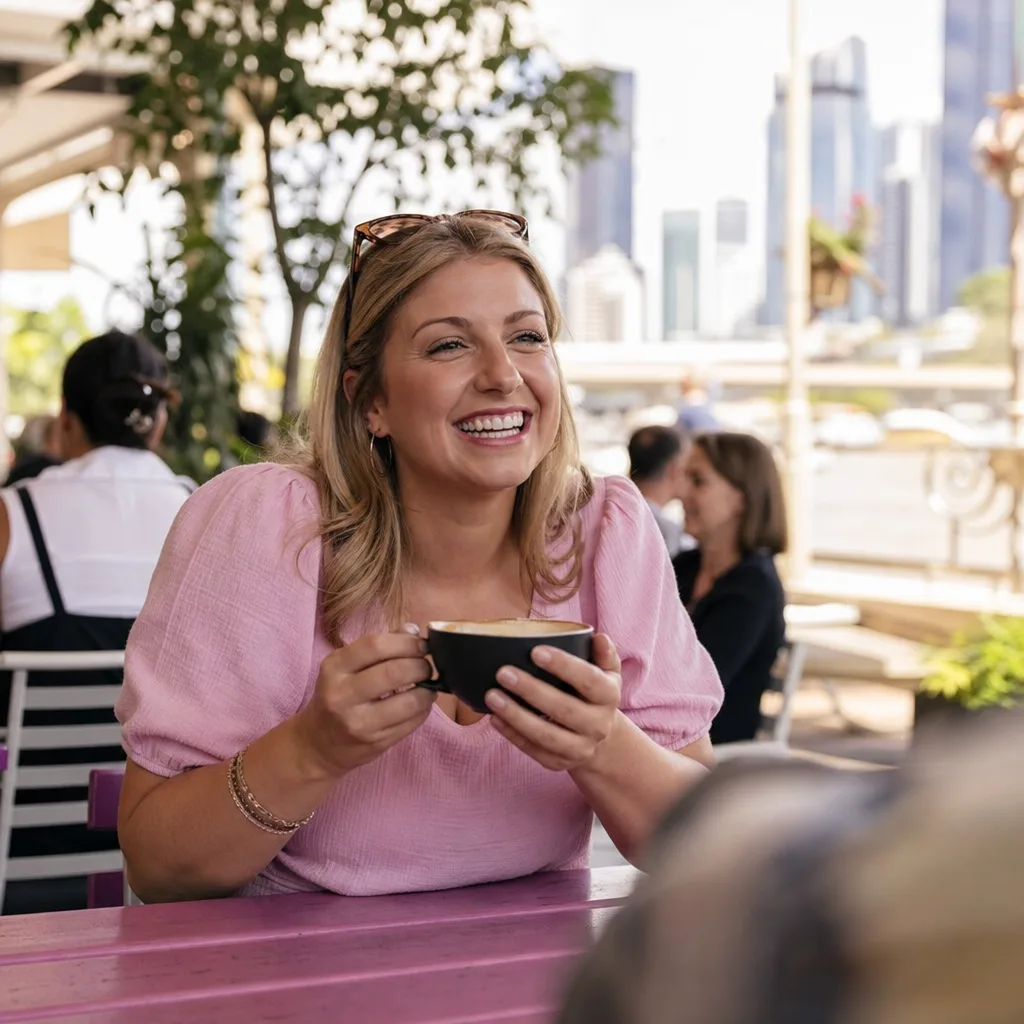 Woman checking a dating profile on her phone at a busy Brisbane cafe