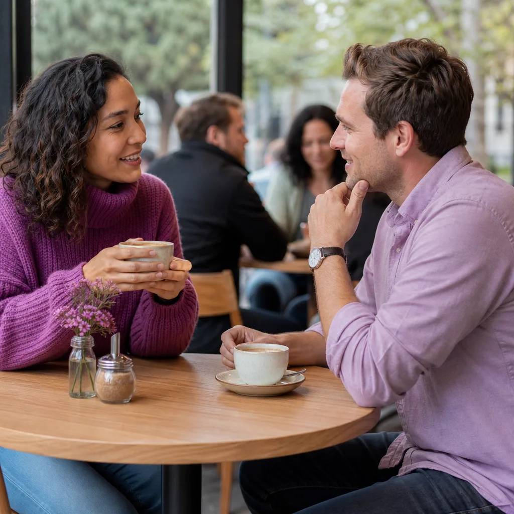 Single woman checking a dating profile on her phone at a Brisbane café